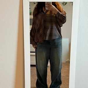 Brown plaid button up. Very thin and light (not see through)